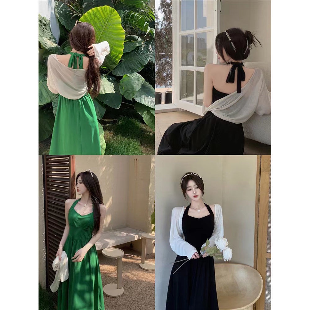 Set Đầm Hai Dây Kèm Áo Khoác Cardigan Dệt Kim Chống Nắng Phong Cách Pháp Thời Trang Mùa Hè Mới Cho Nữ