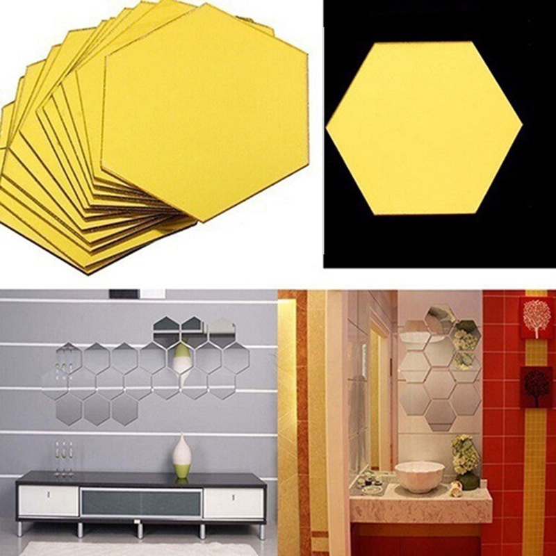 Set 12 miếng Gương dán tường 3D trang trí nhà cửa hình lục giác SIZE LỚN