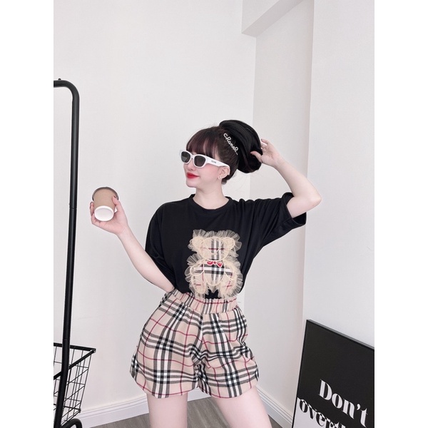 Set áo cotton gấu phối ren quần bí đùi xinh xắn