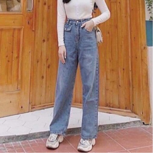quần bò ống rộng túi giả lệch 1 bên