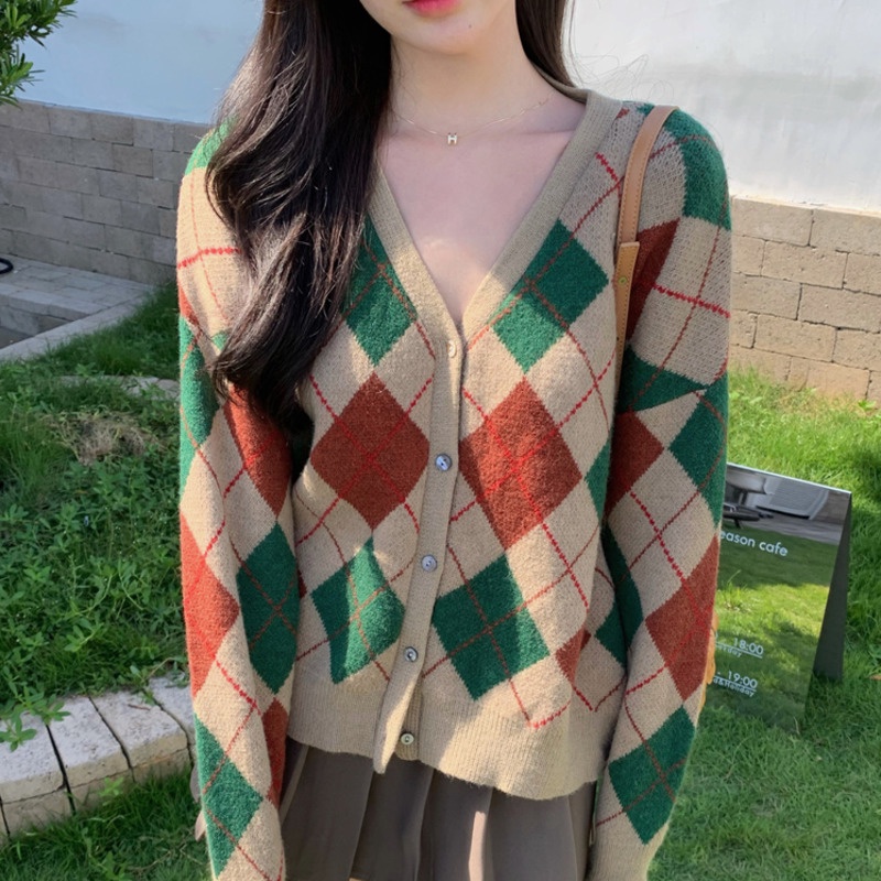 Áo khoác cardigan Pure Cube dệt kim tay dài họa tiết hình thoi ngọt ngào thời trang mùa thu cho nữ