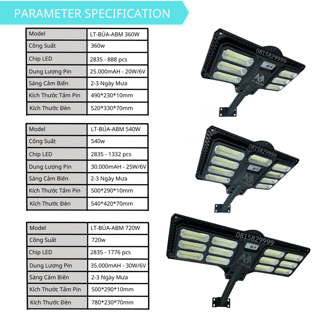 [720W] Đèn Năng Lượng Mặt Trời Tích Điện Tấm Pin Liền 720w Chống Nước IP67,Cảm Biến Chuyển Động ,LED Siêu Sáng - ABM