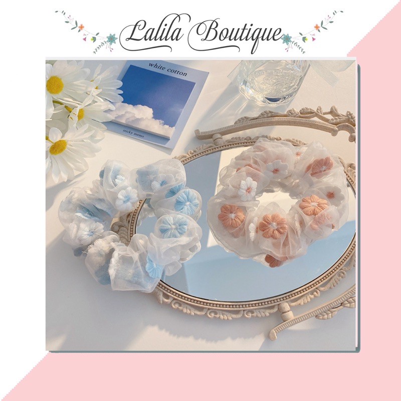 Dây Buộc Tóc Lalila Vải Scrunchies Thêu Hoa Màu Pastel Dễ Thương DC18