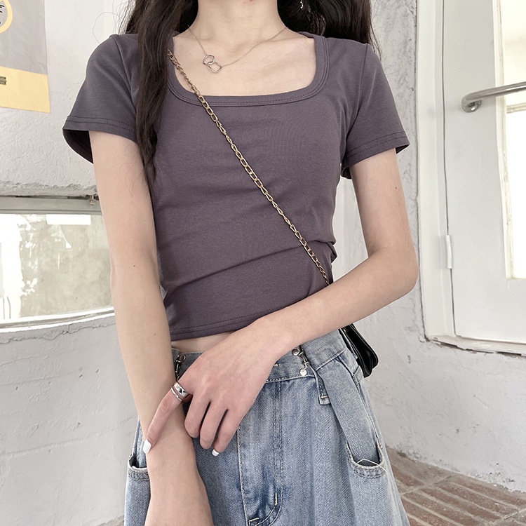 WANG JIAO ZHAN Áo thun trơn cổ vuông tay ngắn cho nữ，Áo croptop