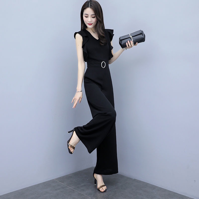 Jumpsuit Không Tay Cổ Chữ v Lưng Cao Ống Rộng Thời Trang Cho Nữ