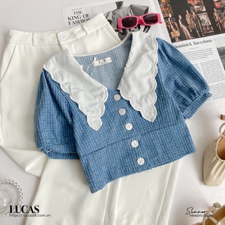 Áo sơ mi jeans xanh cổ sen trắng tay cộc dọc cúc trắng