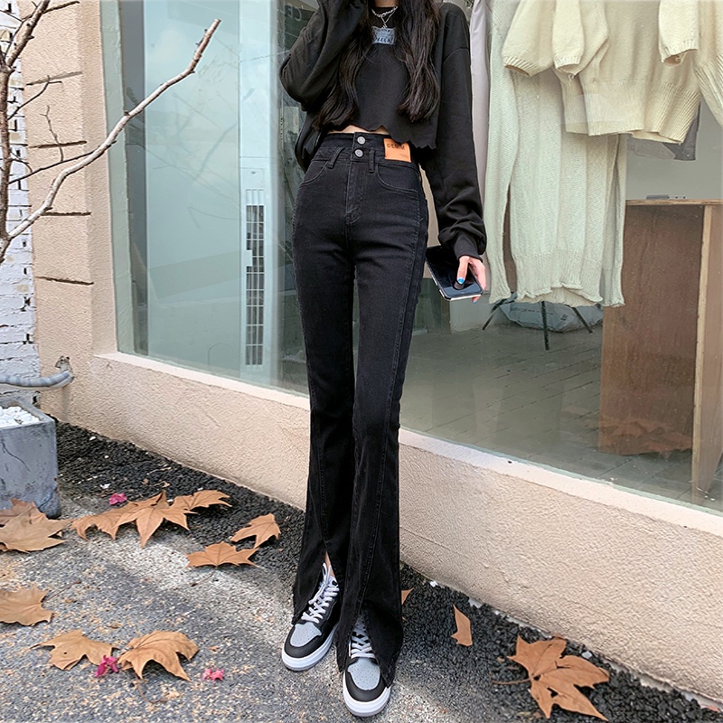 Quần Jeans Nữ Lưng Cao Ống Loe Xẻ Tà Thời Trang Mùa Xuân Size S-2xl