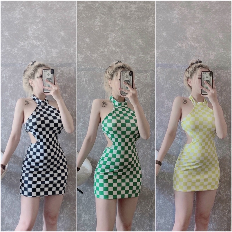 ĐẦM BODY CỔ YẾM HOẠ TIẾT CARO HỞ LƯNG SEXY ( có mod )