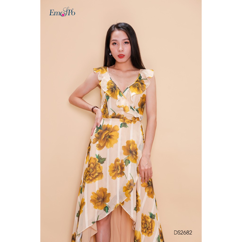 Đầm hoa xòe 2 dây, phối bèo Emspo DS2682 (Xanh, Vàng)