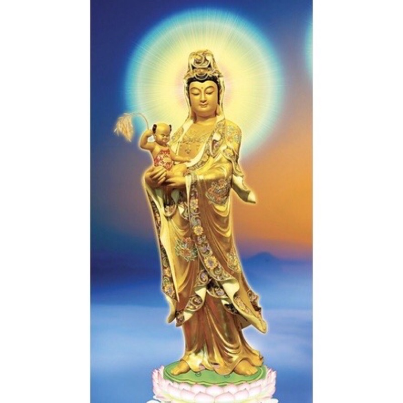 Hỉnh Phật Quan Âm Tống Tử cầu con dán cửa kích, treo tường thước :35cm x 19,5cm màng kim tuyến lấp lánh, đẹp sắc nét.