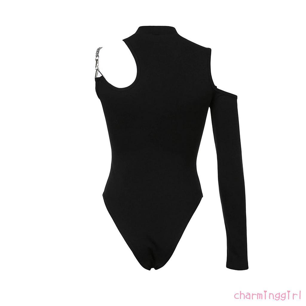 Bộ áo liền quần hở vai dáng ôm khoét lỗ màu trơn kiểu bất đối xứng thời trang cho phụ nữ