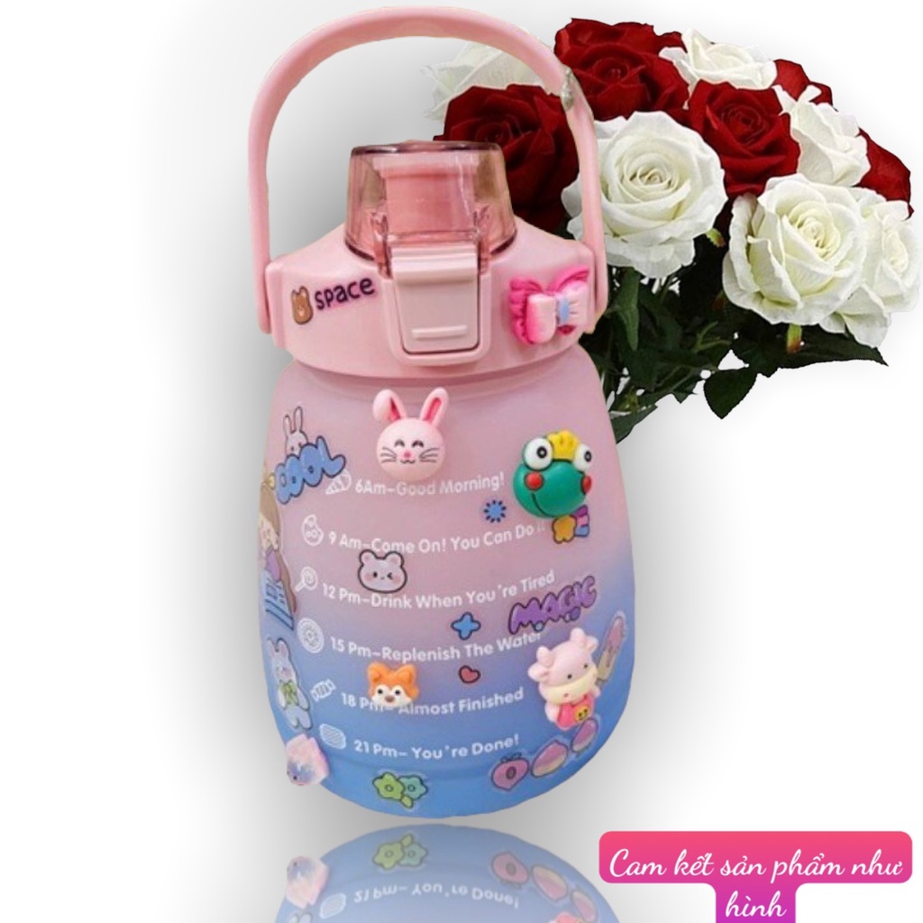 Bình đựng nước dễ thương 1.3 Lít học sinh có ống hút khi bật nắp tặng kèm sticker 3d