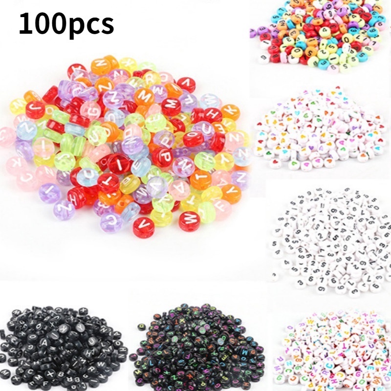 Set 100 hạt nhựa 4x7mm nhiều màu sắc in chữ cái tiếng anh sáng tạo