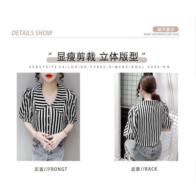 Áo Sơ Mi Chiffon Ngắn Tay Họa Tiết Kẻ Sọc Thời Trang Mùa Hè Phong Cách Hàn Quốc Mới Cho Nữ