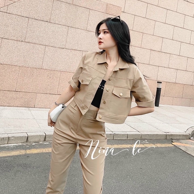 Set kaki 2 món áo sơmi croptop tay ngắn + quần dài Nâu Vàng Set bộ đi chơi dạo phố du lịch hotgirl tk năng động cá tính
