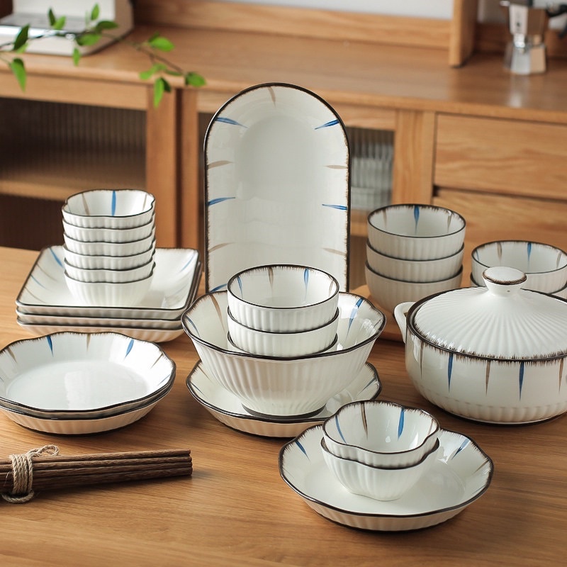 Bộ bát đĩa kẻ sước, bát đĩa nhật, bát đĩa decor