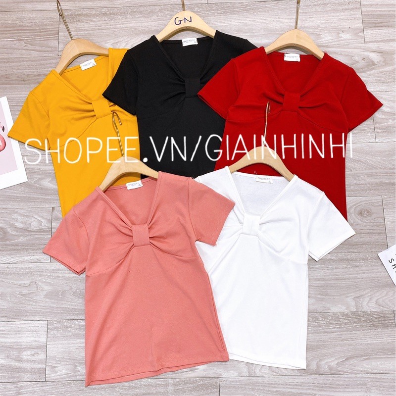 Áo kiểu nơ ngực ngắn tay dáng ôm, Áo thun kiểu cổ nơ tôn dáng vải cotton co giãn CS1322 - NhiNhiShop