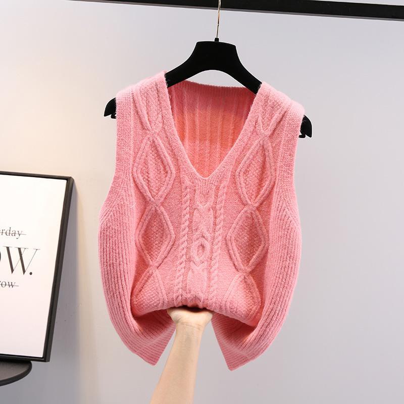 Áo Sweater Dệt Kim Sát Nách Dáng Rộng Cổ Chữ v Màu Trơn Kiểu Hàn Quốc