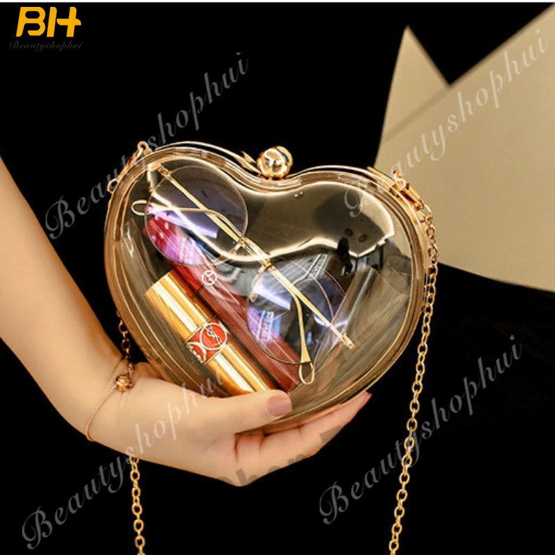 Túi Đeo Vai Cầm Tay Bằng Acrylic Phối Dây Xích Trang Trí Hình Trái Tim Thời Trang 2022 Dành Cho Nữ