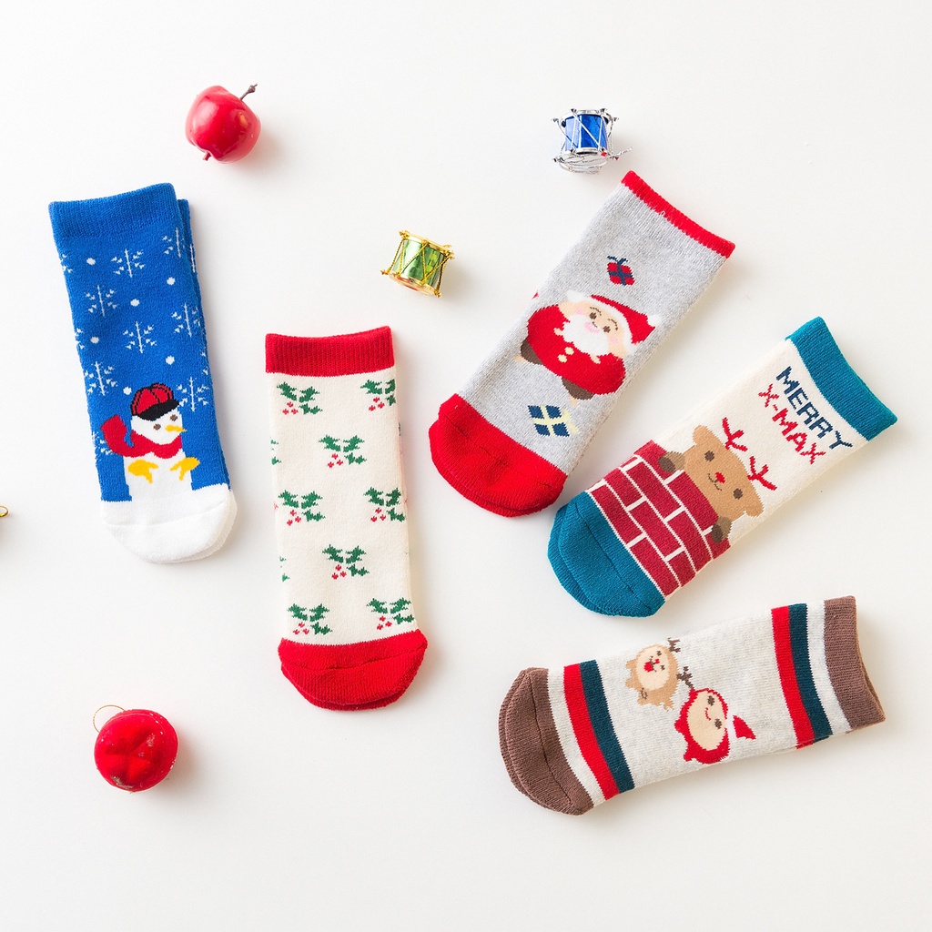 Set 5 đôi vớ KokoroCare FY-03 in hình ông già Noel đỏ/ hoa tuyết màu xanh dương vải dày cỡ S/M/L cho bé 0-5 tuổi