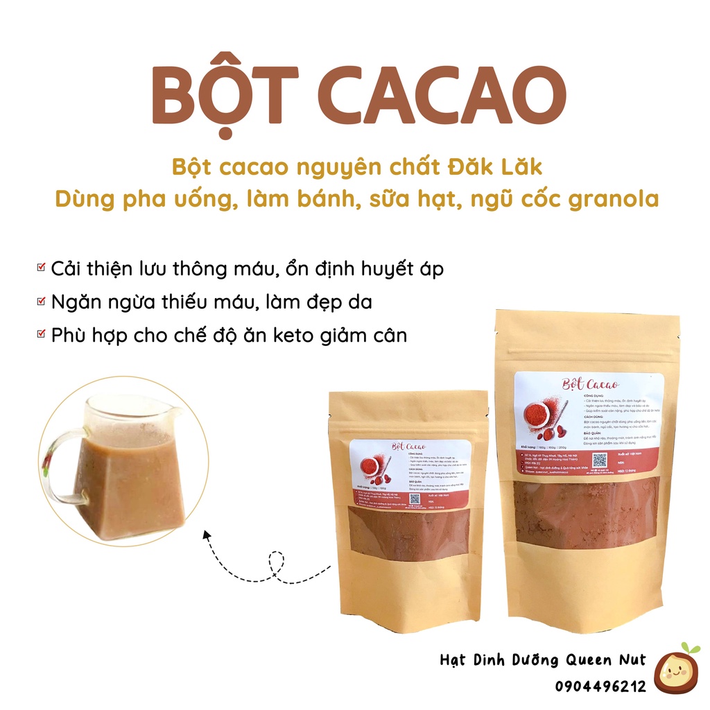 Bột Cacao Nguyên Chất Đăk Lăk - Pha sữa hạt, ngũ cốc granola vị socola, nguyên liệu làm bánh, pha cacao nóng