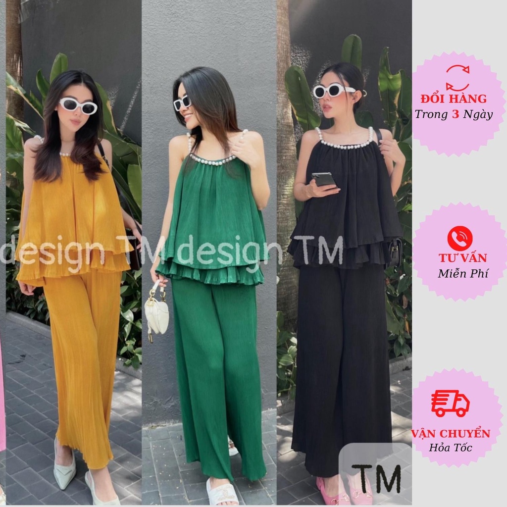 Set dập ly áo 2 dây nữ cổ yếm ngọc viền bèo tầng kèm quần suông ống rộng đi biển ulzzang Hàn Quốc