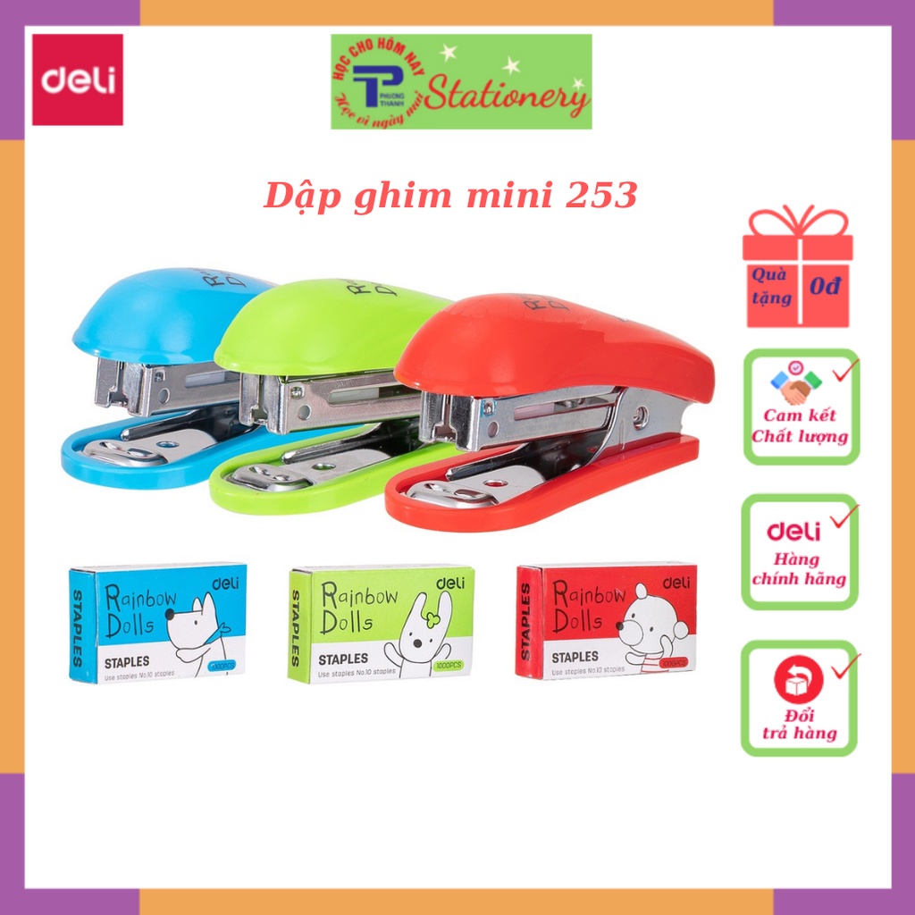 Dập ghim mini 10 Deli, tặng kèm 1000 chiếc ghim 12 trang, Xanh, đỏ, xanh lá -E0253