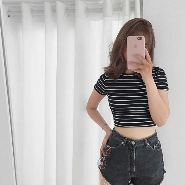 Áo croptop nữ sọc tay ngắn dáng ôm Phiong sg