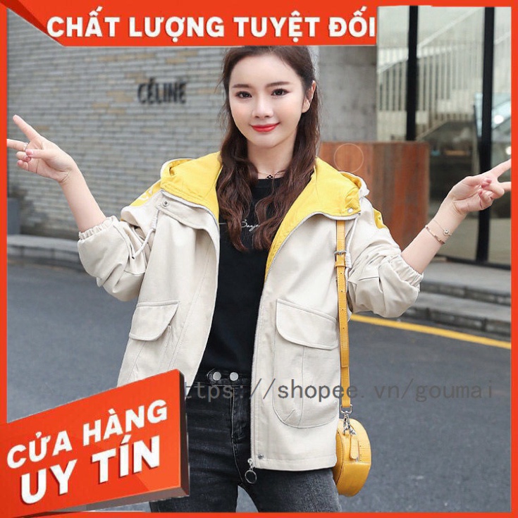 Aó khoác kaki nữ có mũ form rộng gradigan áo 2 lợp mùa thu đông hàng quảng châu mới về 2021 màu đen