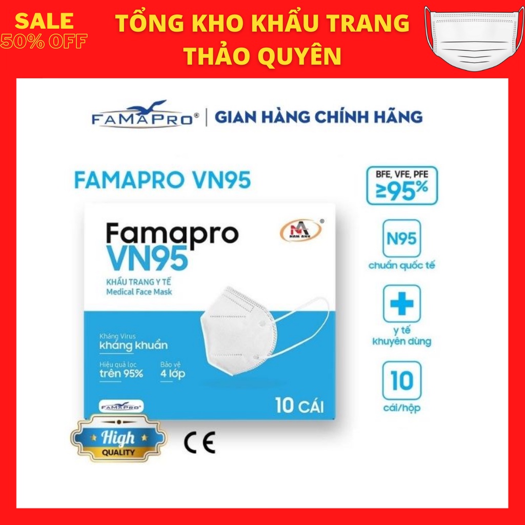 [HỘP 10 CÁI] Khẩu trang y tế kháng khuẩn 4 lớp Famapro VN95 (N95) Nam Anh màu TRẮNG và XÁM