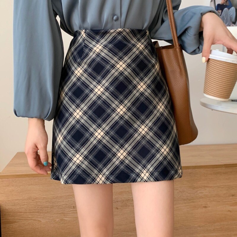 Chân váy kẻ vintage dáng ngắn hàng thu đông