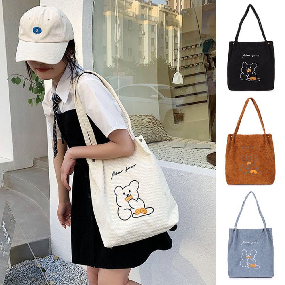 Túi Xách Tote Đeo Vai Vải Nhung Kẻ Hình Gấu Kawaii Nhiều Màu Sắc