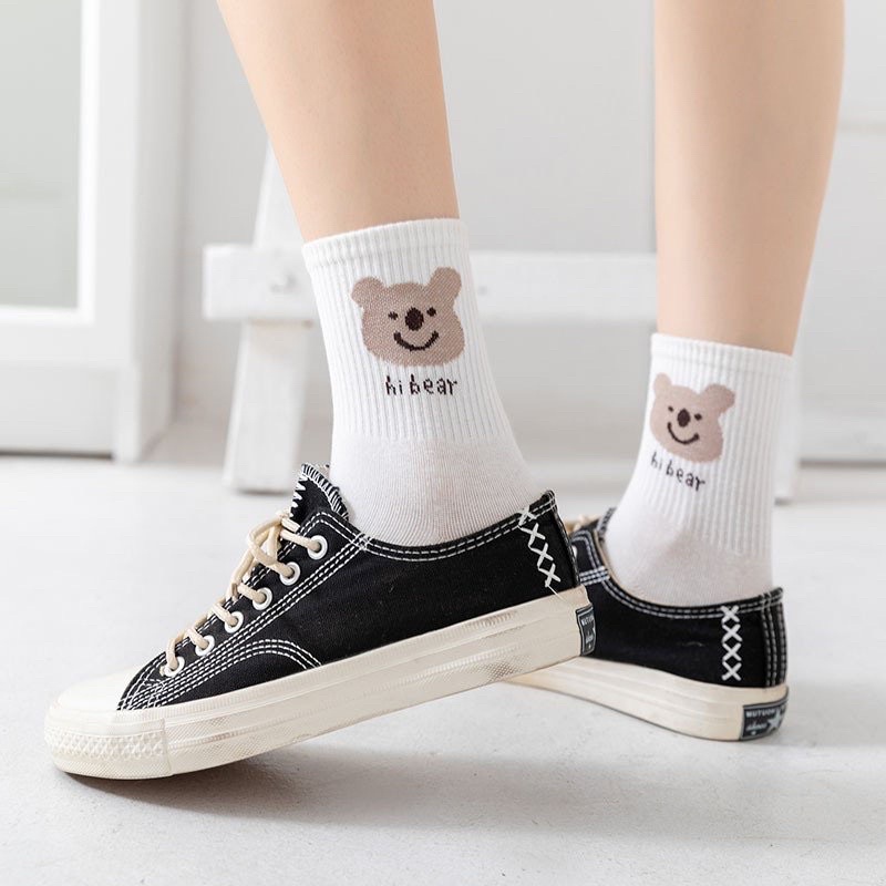 Set 5 đôi tất vớ nữ cổ cao hình gấu thỏ màu trắng len gân tăm cực đẹp hotrend BT7