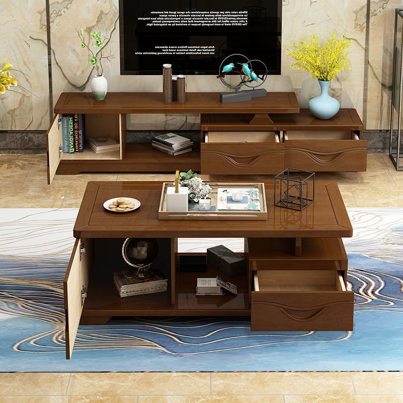 Tủ tivi gỗ nguyên khối kiểu Trung Quốc kết hợp bàn cà phê phòng khách căn hộ nhỏ có thể thu vào sồi mini gia đ