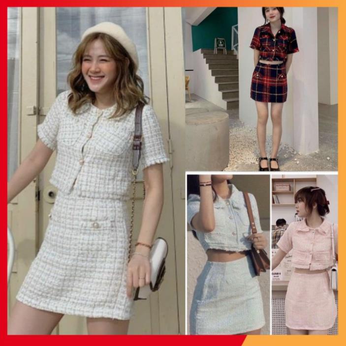 Set dạ tweed croptop ⚡️HÀNG LOẠI ĐẸP ⚡️Bộ áo và chân váy dạ bánh bèo siêu xinh, vải dày dặn thoải mái không ngứa BM