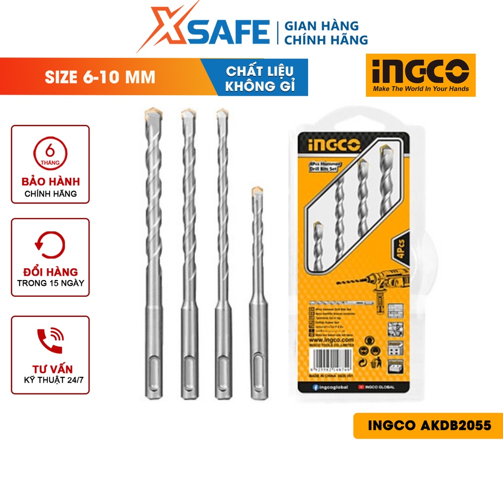 Bộ 4 mũi khoan bê tông đuôi gài INGCO AKDB2055 Bộ mũi khoan 4 chi tiết, đóng gói vỉ nhựa chắc chắn