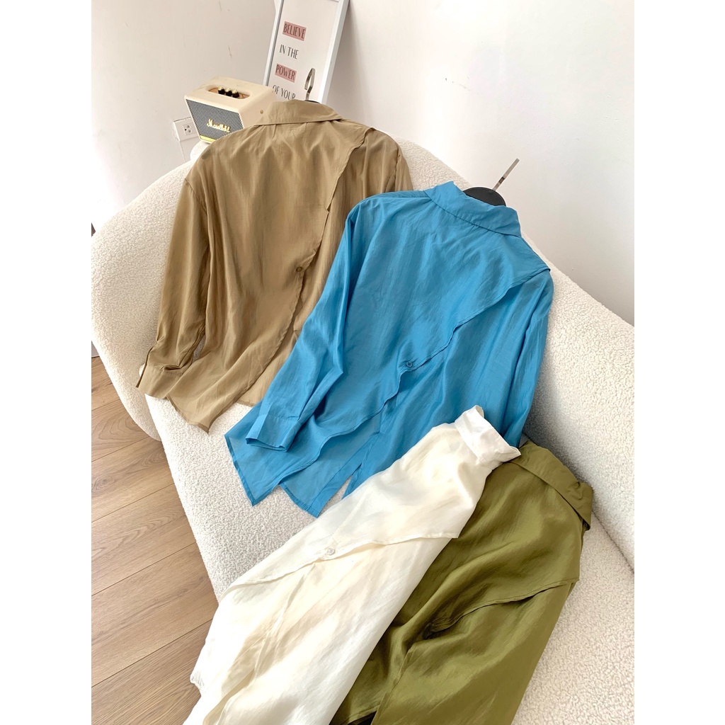 Áo Sơ Mi Nữ Dáng Rông MYAN Vạt Chéo Xẻ Sau Lưng (Kem, Xanh, Nâu, Rêu) A072203 (109)