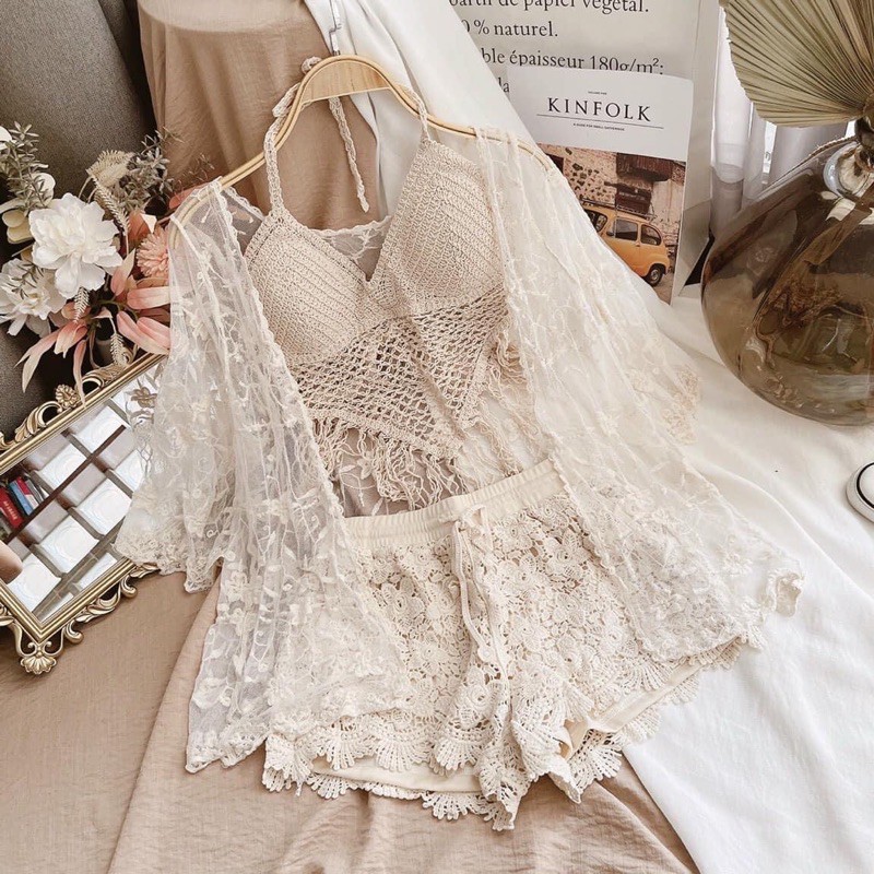Set ren 3 món đi biển gồm: bra + áo cardigan + quần | BigBuy360 - bigbuy360.vn