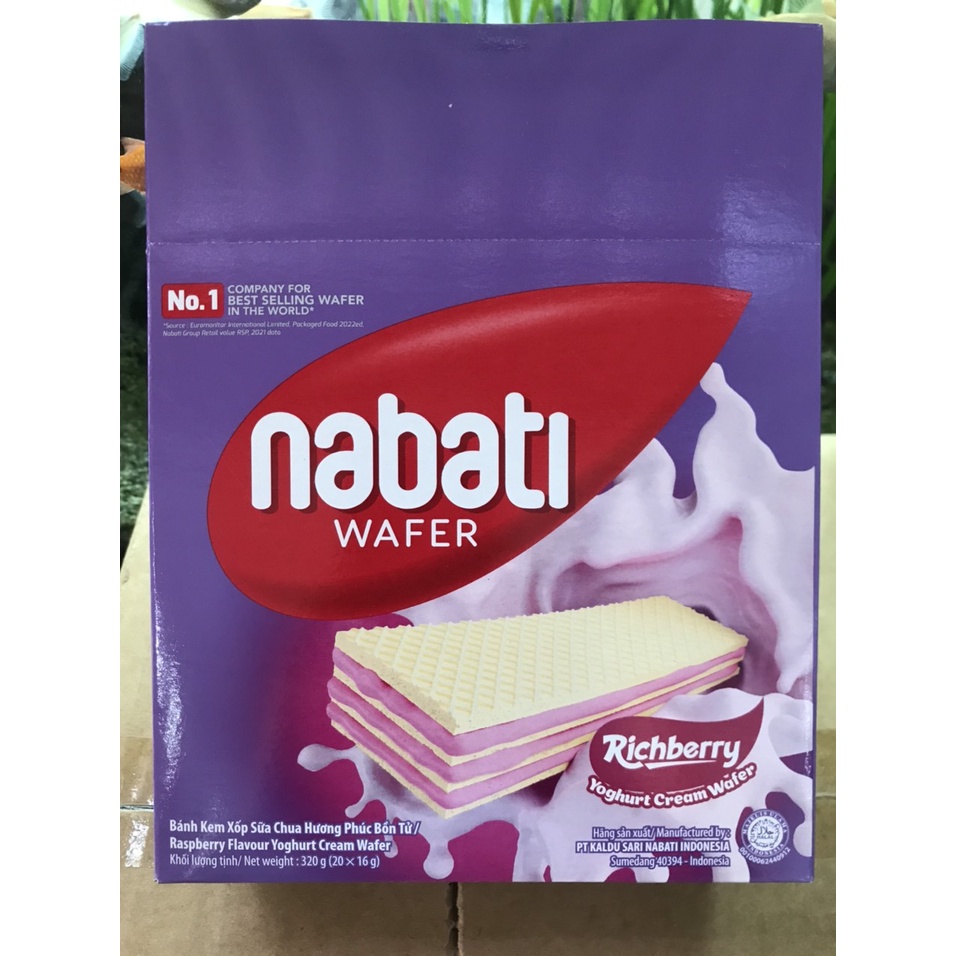 Bánh Kem Xốp Sữa Chua Hương Phúc Bồn Tử Nabati Richberry- Raspberry Flavour Yoghurt Cream Wafer (Hộp 20 thanh x 16g)