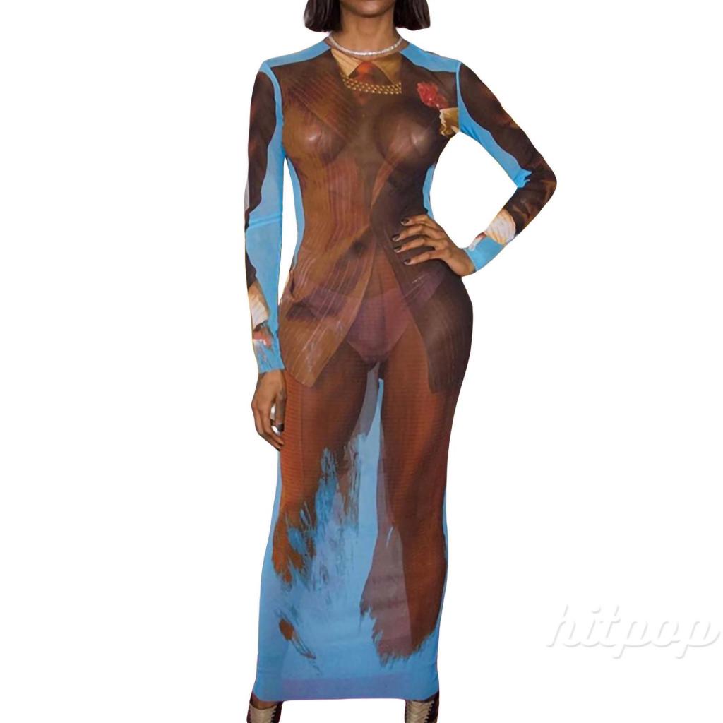 Hitpop-Women Summer Dress, Printed Long Sleeve Crew Neck Sheer Backless Long Dress, Ladies Tie-Up Perspective Party