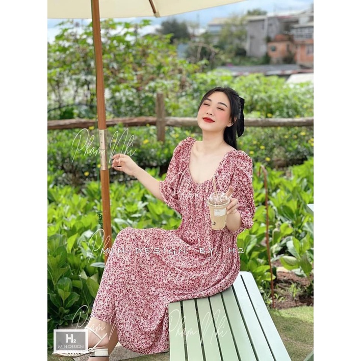 Váy hoa hồng dáng xuông cổ v nơ sau