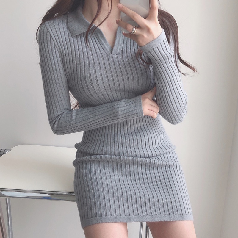 Đầm body len gân dài tay cổ polo co giãn, đầm bodycon polo phong cách sexy tôn dáng