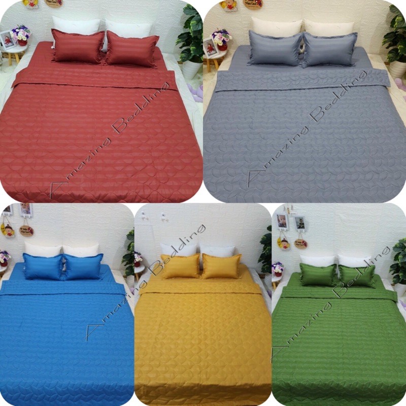 Sét chăn ga gối 5 món cotton poly kẻ 3F đơn giản, sang trọng.