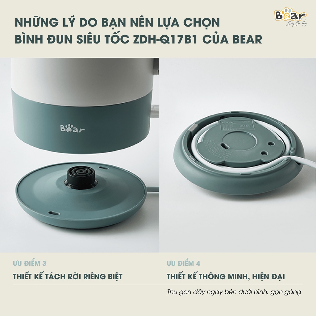 Ấm đun siêu tốc Bear ZDH-Q17B1, Dung tích 1.7 lít, Công suất 1800W, 3 lớp, nấu nước sôi nhanh, sử dụng inox 304 cao cấp
