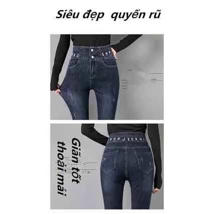 Quần jean nữ cạp cao gọn eo nâng mông giãn tốt chất dày dặn hai cúc in Chứ