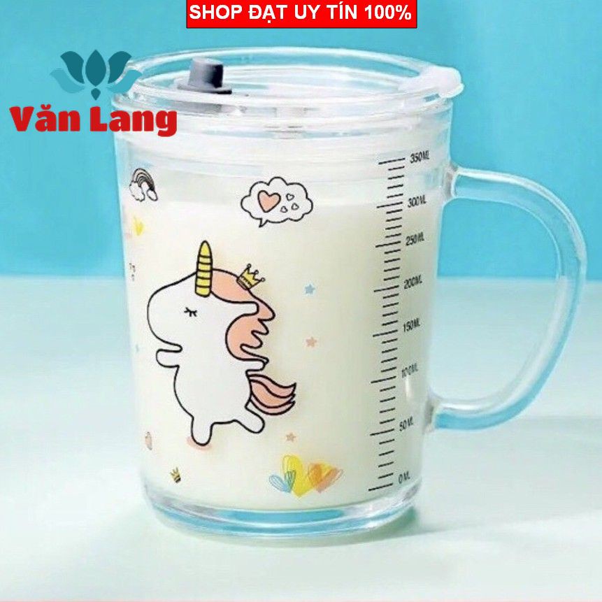 (Loại đẹp) Cốc thuỷ tinh 3in1 400ml có nắp đậy chống tràn, cốc pha sữa cho bé có chia vạch