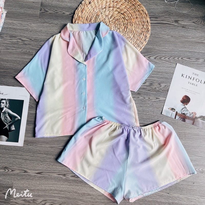 Đồ Ngủ Nữ, Đồ Mặc Nhà Bộ Pijama Cánh Dơi Tà Ngắn Cách Điệu Lụa 100D Freesize Dưới 70Kg