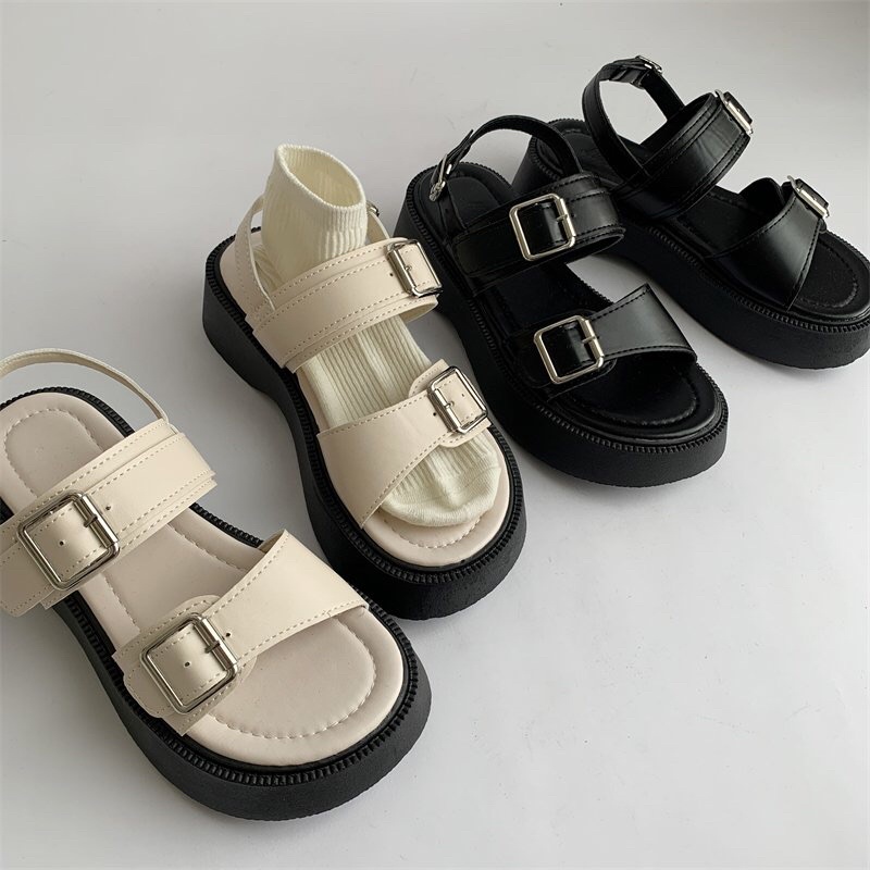 Dép Sandal Nữ Ulzzang LOẠI 1 - Giày Sandal Nữ Đi Học Đế Cao Quai Ngang Khuy Cá Tính Sang Chảnh