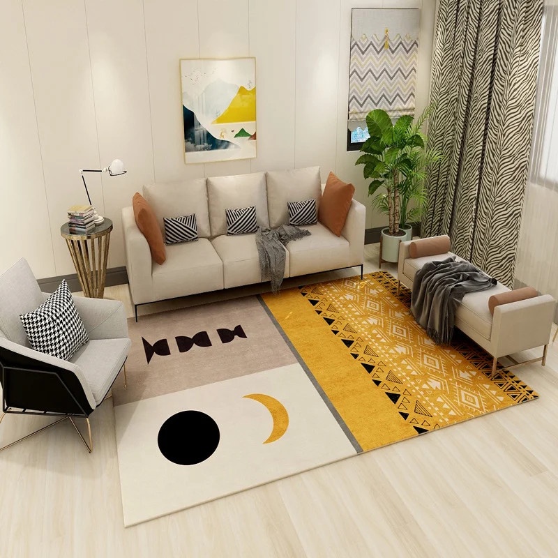 Thảm Nhung Nỉ Trải Sàn Họa Tiết Bắc Âu Retro Hình Học nâu