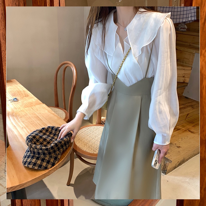 💜 Set váy dài retro sang chảnh gồm áo sơ mi mix cùng yếm 2 dây 💜 - V13